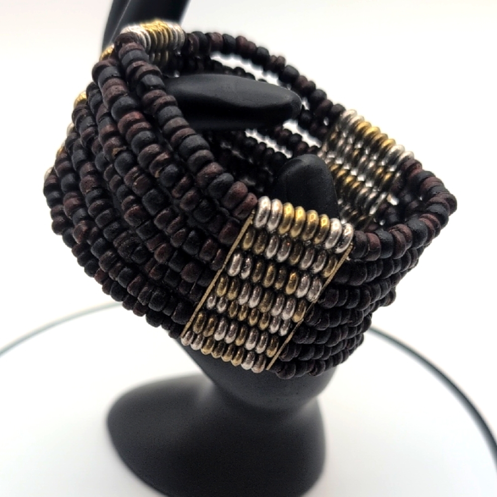 Elegant Wooden And Metallic Beaded Bracelet in Brown and Gold